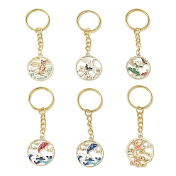 Couleur Mélangete Porte-clés pendentifs en alliage d'émail, avec porte-clés fendus, plat rond avec poisson/phénix/fleur, couleur mixte, 8~8.5 cm, 6 pièces / kit
