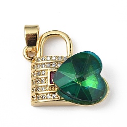 Green Real 18K Gold Plated Rack Plating Brass Micro Pave Clear Cubic Zirconia Pendants, with Glass, Long-Lasting Plated, Cadmium Free & Lead Free, Lock with Heart Charm, Green, 23x19x8mm, Hole: 5x3.2mm