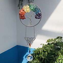 Mixed Stone Glass Teardrop Pendant Decoration, Hanging Suncatchers, with Mixed Stone Chip Tree of Life, for Window Home Garden Decoration, Butterfly, 370mm