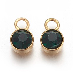 Emerald Glass Rhinestone Charms, May Birthstone Charms, with Golden Tone 201 Stainless Steel Findings, Flat Round, Emerald, 10x6x4mm, Hole: 2.3mm