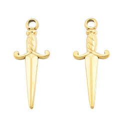 Real 18K Gold Plated Ion Plating(IP) 201 Stainless Steel Pendants, Sword, Real 18K Gold Plated, 27.5x10.5x2.5mm, Hole: 2mm