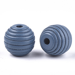 Steel Blue Painted Natural Wood Beehive Beads, Round, Steel Blue, 18x17mm, Hole: 3.5~4mm