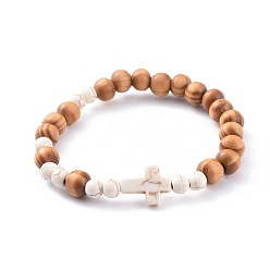 White Stretch Bracelets, with Wood Beads and Synthetic Turquoise(Dyed) Beads, Cross, White, 2-1/8 inch(5.5cm)