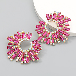 Rose Shiny Rhinestone Irregular Statement Stud Earrings, Sun Shape Alloy Earrings for Women, Fuchsia, 58x68mm