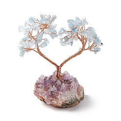 Aquamarine Natural Aquamarine Tree Display Decoration, Druzy Amethyst Base Feng Shui Ornament for Wealth, Luck, Love, Rose Gold Brass Wires Wrapped, 40~54x82~93x106~120mm