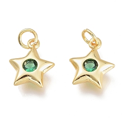 Green Brass Micro Pave Cubic Zirconia Charms, with Jump Ring, Stars, Golden, Green, 11.5x8.5x2.5mm, Hole: 1.5mm Jump rings: 3.5x0.8mm