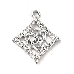Crystal Alloy Rhinestone Pendants, Platinum Tone Rhombus with Hollow Out Rose Charms, Crystal, 22.5x19.5x2.2mm, Hole: 1.8mm