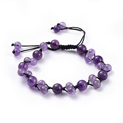 Améthyste Nylon réglable bracelets cordon tressé de perles, avec des perles naturelles améthyste, 2-1/8 pouces ~ 3-1/2 pouces (5.4~8.8 cm)