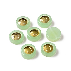 Pale Green Transparent Spray Painted Glass Beads, with Golden Brass Findings, Flat Round with Smile, Pale Green, 11.5x4mm, Hole: 1.2mm