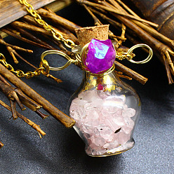 Rose Quartz Natural Rose Quartz Chips Perfume Bottle Necklace, Glass Pendant Necklace with Alloy Chains for Women, 19.69 inch(50cm)