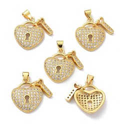 Clear Brass Cubic Zirconia Pendants, Long-Lasting Plated, Lead Free & Cadmium Free, Real 18K Gold Plated, Heart Lock and Key, Clear, 20x16x3.5mm, Hole: 3.5x4mm