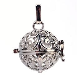 Platinum Rack Plating Brass Cage Pendants, For Chime Ball Pendant Necklaces Making, Hollow Round, Platinum, 27x26x21mm, Hole: 3x7mm, inner measure: 17mm