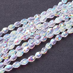 Clear AB Electroplate Glass Beads Strands, AB Color Plated, Faceted Oval, White, bead: 8mm long, 6mm thick, hole: 1.5mm, about 72pcs/strand