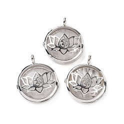 Quartz Crystal Natural Quartz Crystal Locket Pendants, Rock Crystal, Flat Round Charms, with Platinum Plated Brass Lotus Findings, 31.5x27x9mm, Hole: 4.6mm