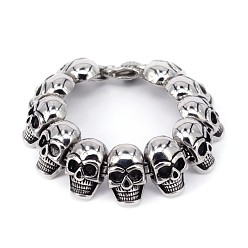 Antique Silver Halloween Skull 304 Stainless Steel Bracelets, with Lobster Claw Clasps, Antique Silver, 8-5/8 inch(220mm)