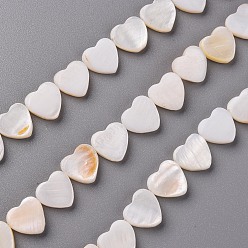 Marfil Cuentas de concha de perla natural hebras, corazón, blanco cremoso, 10.5x10.5x3 mm, agujero: 1 mm, sobre 33 unidades / cadena, 13.78 pulgada (35 cm)
