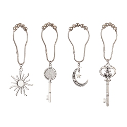 Античное Серебро 4 стильные крючки для штор с луной, ключом и солнцем, с железными кольцами для штор и стеклянными кабошонами, для отделки ванной комнаты, античное серебро, 119~162 мм, 4 шт / комплект