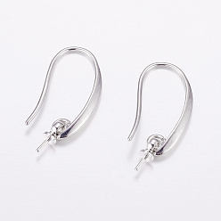 Real Platinum Plated Brass Earring Hooks, For Half Drilled Beads, Long-Lasting Plated, Cadmium Free & Nickel Free & Lead Free, Real Platinum Plated, 24x3x2.5mm, 18 Gauge, Pin: 1mm