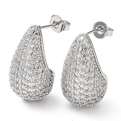Clear Cubic Zirconia Teardrop Stud Earrings, Platinum Brass Earrings for Woman, Clear, 20x12mm