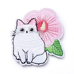 Colorful Computerized Embroidery Cloth Iron on/Sew on Patches, Costume Accessories, Appliques, Cat with Flower, Colorful, 58x52x2mm