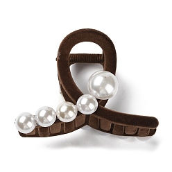Coffee Flocking Plastic Claw Hair Clip, with Plastic Imitation Pearls, for Women Girls Thick Hair, Coffee, 82x60x47mm