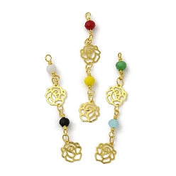 Mixed Color Glass Beaded Pendants, with Real 18K Gold Plated Brass Loop, Rose Flower Charm, Mixed Color, 47x8x4mm, Hole: 1.6mm
