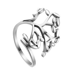 White SHEGRACE Stainless Steel Cuff Rings, Open Rings, Wide Band Rings, with Enamel, Leafy Branches, White, US Size 10, Inner Diameter: 20mm