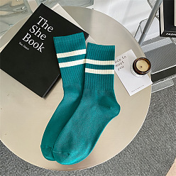Dark Cyan Cotton Knitting Socks, Winter Warm Thermal Socks, Stripe Pattern, Dark Cyan, 300x70mm