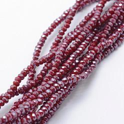 Rojo Oscuro Electrochapa hilos de perlas de vidrio opacas, lustre de la perla chapado, facetados, Rondana plana, de color rojo oscuro, 2.5x1.5 mm, agujero: 0.5 mm, sobre 197~201 unidades / cadena, 12.9 pulgada (33 cm)