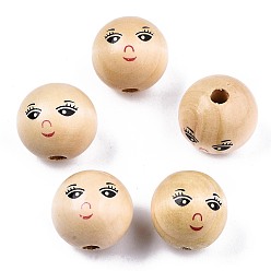 BurlyWood Unfinished Natural Wood Beads, Round with Face, BurlyWood, 21~22mm, Hole: 4mm, about 160pcs/500g