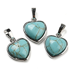 Synthetic Turquoise Synthetic Turquoise Pendants, Heart Charms with Platinum Plated Brass Snap on Bails, 20.5x17.5x7mm, Hole: 4x8mm