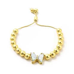 Thistle Rack Plating Brass Round Bead Slider Bracelets for Women, Long-Lasting Plated Glass Butterfly Adjustable Bracelets, Nickel Free & Lead Free, Real 18K Gold Plated, Thistle, Inner Diameter: 1-1/2~2-7/8 inch(3.7cm~7.2cm)