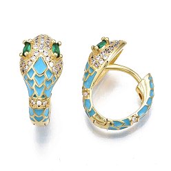 Light Sky Blue Green Cubic Zirconia Snake Huggie Hoop Earring, Real 18K Gold Plated Brass Enamel Chunky Hoop Earrings for Women, Nickel Free, Light Sky Blue, 20x18.5x10mm, Pin: 1.5mm