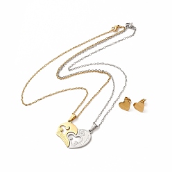 Golden & Stainless Steel Color Heart Matching Couple Pendant Necklaces & Stud Earrings, Vacuum Plating 304 Stainless Steel Word I Love You Jewelry Set for Valentine's Day, Golden & Stainless Steel Color, 451mm, 10x12mm, Pin: 0.8mm