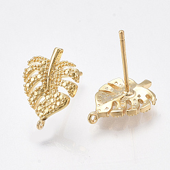 Real 18K Gold Plated Brass Stud Earring Findings, with Loop, Tropical Theme, Monstera Leaf, Nickel Free, Real 18K Gold Plated, 14.5x10.5mm, Hole: 0.8mm, Pin: 0.8mm