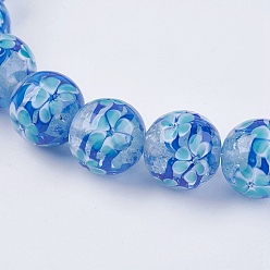 Bleu Clair Perles lampwork, perles au chalumeau, faits à la main, ronde avec des fleurs, bleu clair, 14x13~14mm, Trou: 2mm