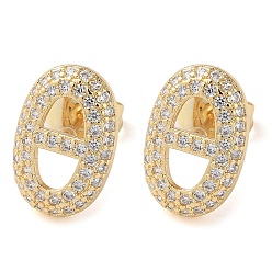 Real 16K Gold Plated Rack Plating Brass Micro Pave Cubic Zirconia Stud Earrings, Hollow Oval, Real 16K Gold Plated, 13x8.5mm