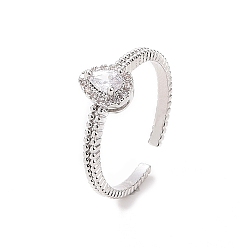 Platinum Clear Cubic Zirconia Teardrop Open Cuff Ring, Brass Jewelry for Women, Platinum, US Size 7 1/4(17.5mm)