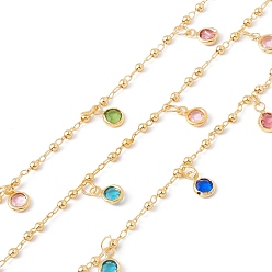Colorful Handmade Brass Ball Link Chain, with Glass Flat Round Charms, Real 18K Gold Plated, Lead Free & Cadmium Free, Soldered, with Spool, Colorful, 4x2mm
