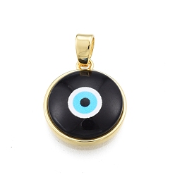 Black Glass Pendants, with Golden Plated Brass Findings, Flat Round with Evil Eye, Black, 19x16.5x5mm, Hole: 5x3.5mm