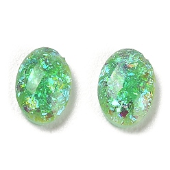 Vert Clair Cabochons en résine imitation opale, avec de la poudre de paillettes, dos plat ovale, vert clair, 6.5x4.5x1.5mm