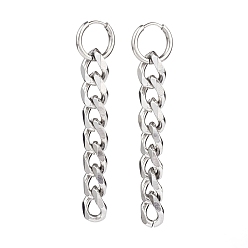 Stainless Steel Color 304 Stainless Steel Huggie Hoop Earrings, Curb Chain Tassel Earrings, Stainless Steel Color, 65mm, Pin: 1mm