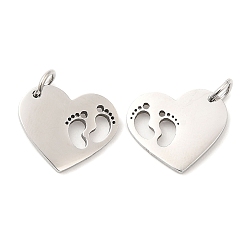 Stainless Steel Color 304 Stainless Steel Pendants, with Jump Ring, Heart with Footprint Charm, Stainless Steel Color, 12.5x14.5x1.4mm, Hole: 3.2mm
