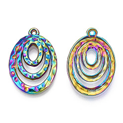 Rainbow Color Ion Plating(IP) 304 Stainless Steel Pendants, Textured, Oval Charm, Rainbow Color, 29.5x20.5x3mm, Hole: 1.4mm