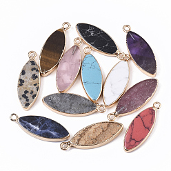Mixed Stone Edge Golden Plated Natural & Synthetic Mixed Gemstone Pendants, with Iron Loop, Horse Eye, Mixed Dyed and Undyed, 28.5~30.5x10.5x3.5mm, Hole: 1.6mm