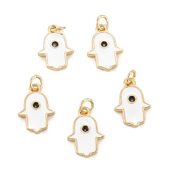 White Brass Enamel Pendants, Long-Lasting Plated, Real 18K Gold Plated, Hamsa Hand, White, 13x9x1.5mm, Hole: 2.8mm