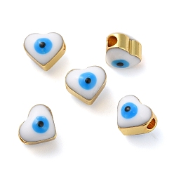 White Golden Tone Brass Enamel Beads, Cadmium Free & Lead Free, Long-Lasting Plated, Heart with Evil Eye, White, 6x7x6mm, Hole: 2mm