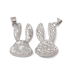 White Natural Shell Pendants, Rabbit Charms with Heart, Dyed, with Rack Plating Platinum Tone Brass Findings, Long-Lasting Plated, White, 26x16.5x4mm, Hole: 4.5x3.5mm
