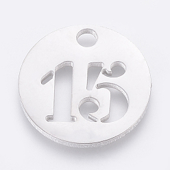 Number 304 Stainless Steel Pendants, Cut-Out, Hollow, Flat Round with Number, Stainless Steel Color, Num.15, 19x1.5mm, Hole: 2.5mm
