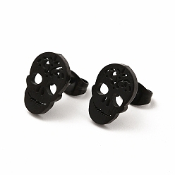 Electrophoresis Black Halloween Skull with Flower 304 Stainless Steel Stud Earrings for Women, Electrophoresis Black, 12x8mm, Pin: 0.7mm